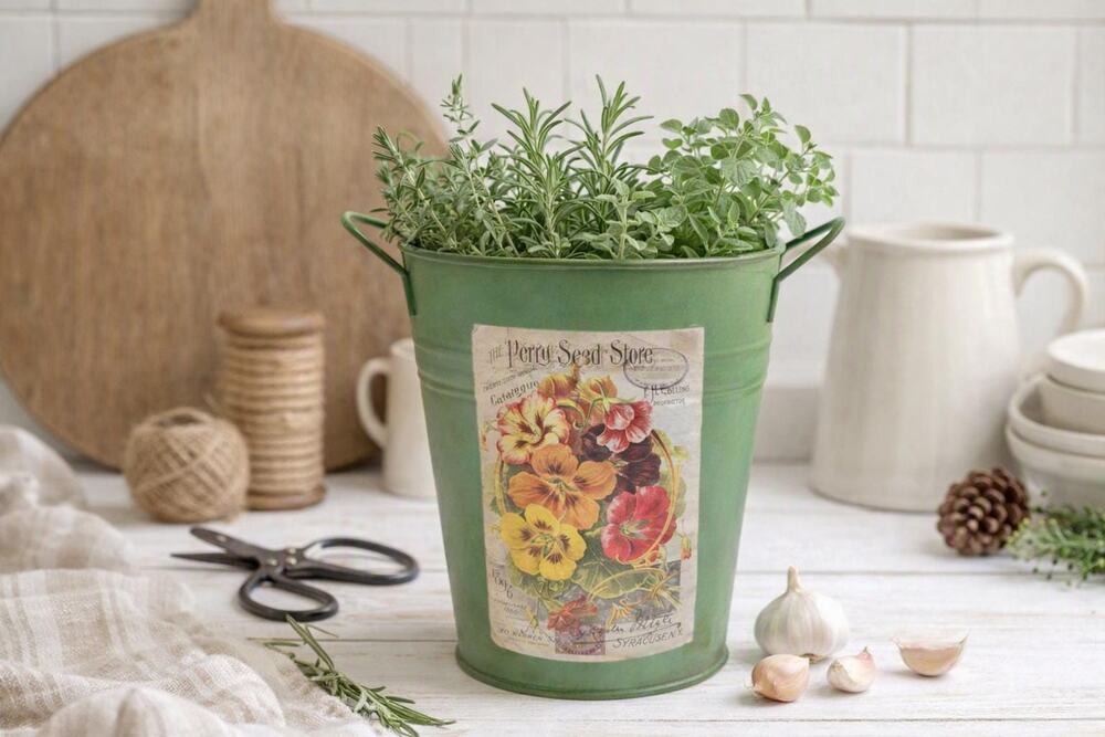 Green Metal Bucket Planter Seed Catalog Flower Pot Vintage Cottagecore Decor